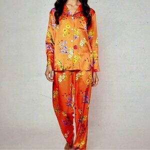 [New] Petite Plume (L) Tangerine Floral Pattern Mulberry Silk Long Sleeve PJ Set